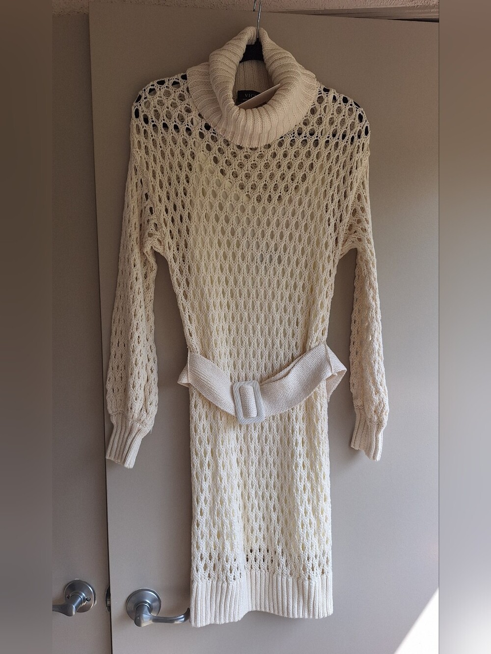 NWT VICI Cream Open Knit Sweater Dress Turtleneck Belted Cotton Crochet XS NEW